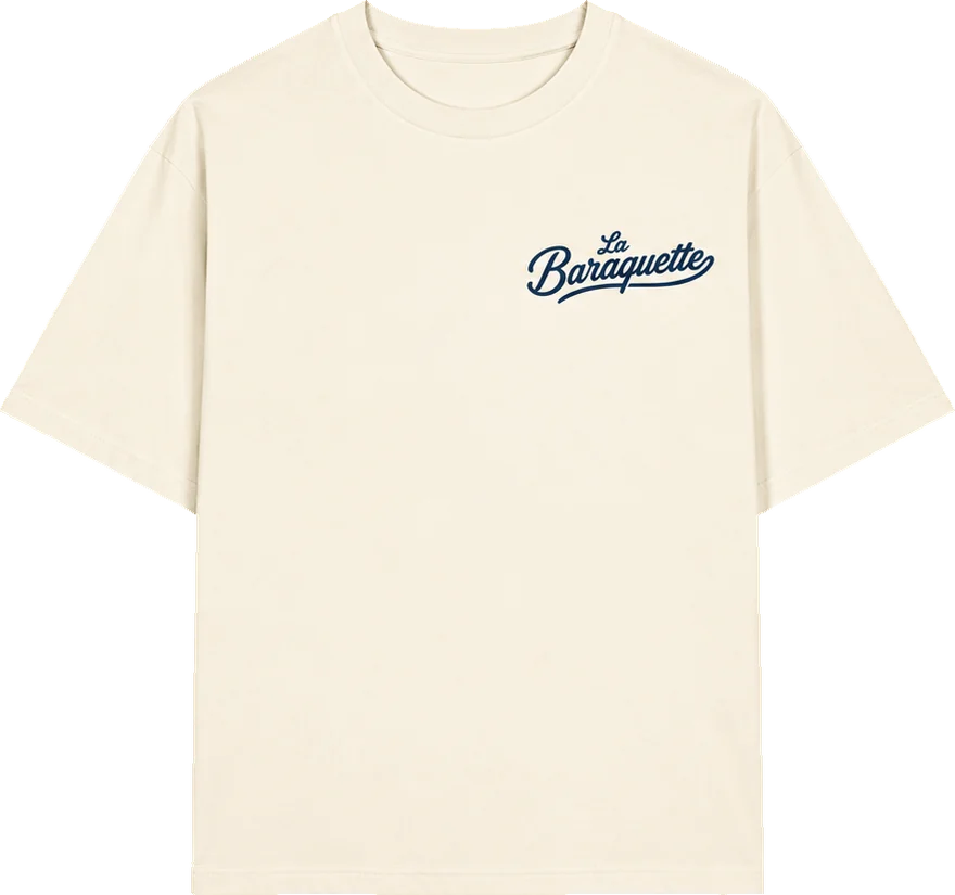 Tee-shirt crème La Baraquette, vue de face, logo brodé sur le cœur